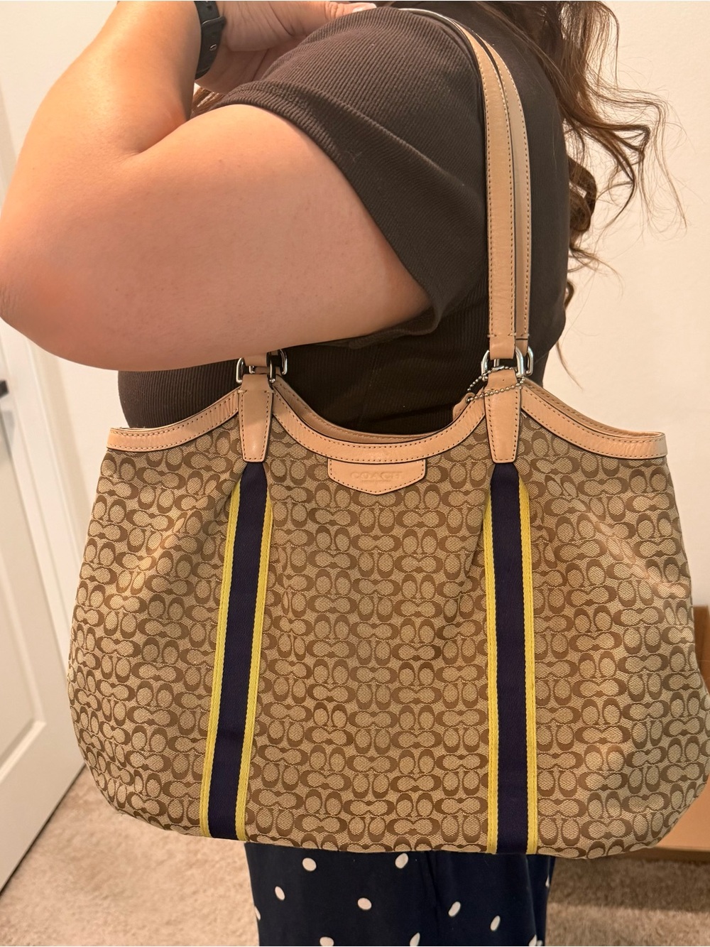 Coach Canvas Tote with Navy & Yellow Stripe Accents - Picture 16 of 16